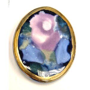 Ceramic Floral Pin Brooch With Gold Trim & Abstract Purple Blue Design